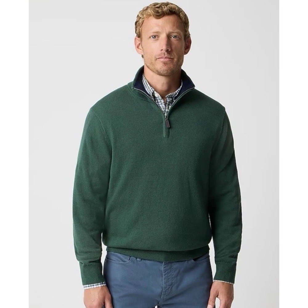 J.Crew Cotton Half-Zip Sweater Green Pullover Leather Zipper Men's XL